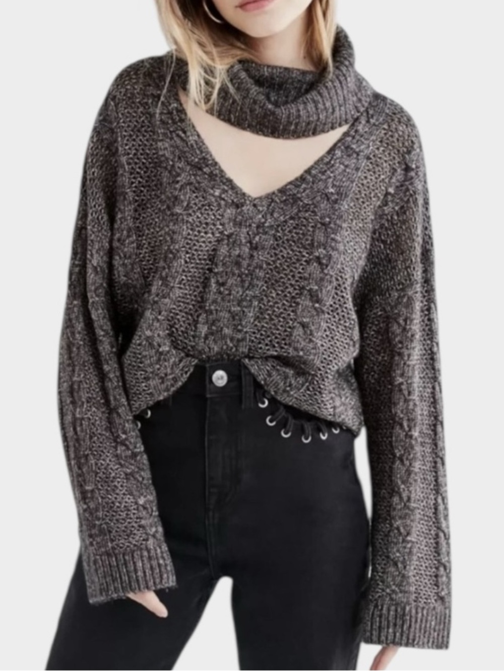 Urban Outfitters Luxe Grey Cable Knit Cowl Cutout Turtleneck Sweater Small